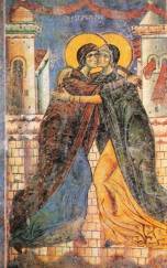 the embrace of elizabeth and the virgin mary, an early eastern christian fresco of the visitation, st. george church, kurbinovo, macedonia